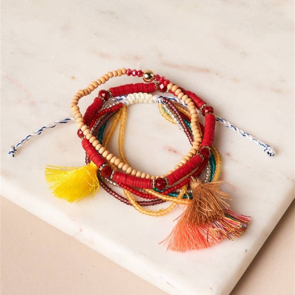 Burgundy And Multi-Colored Beaded Bracelets